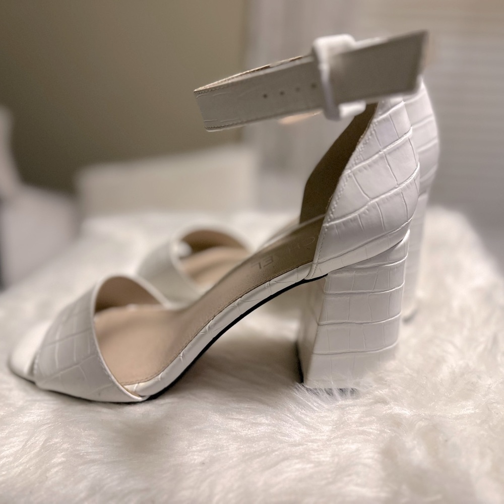 White Croc-Embossed Block Heel Sandals with Ankle Strap